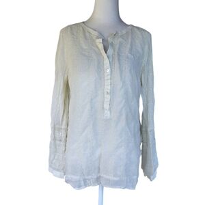 Burning Torch Cream Floral Embroidered Reclaimed Cotton Popover Blouse Small